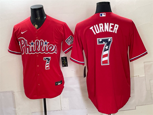 Men's Philadelphia Phillies #7 Trea Turner Red USA 250 Fourth of July Home Stitched Baseball Jersey